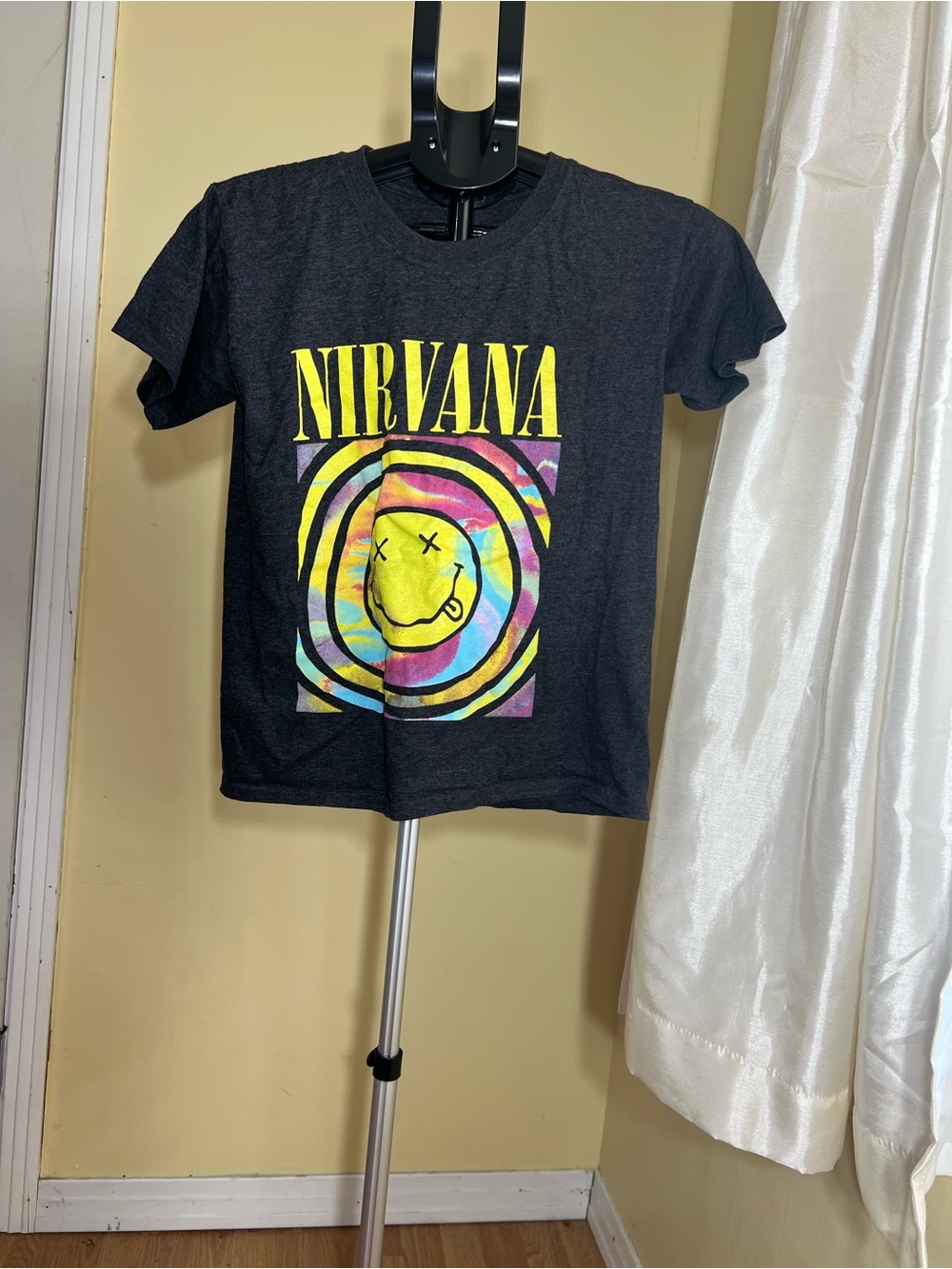 Kids Nirvana Tie-Dye Smiley Face Graphic T-Shirt | XS | Charcoal Gray Band Tee